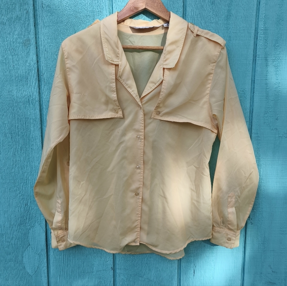 80s Diane Von Furstenburg Utility Button Down Shirt sz 6 Butter Yellow FLAWED